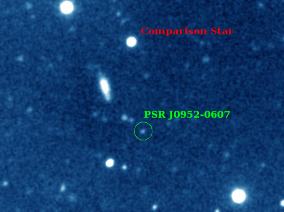 এই ছবিটিতে PSR J0952-0607 এবং সহচর তারা দেখানো হয়েছে। ক্রেডিট: W.M. Keck Observatory/Roger W. Romani/Alex Filippenko